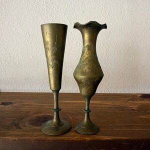 2pc Vintage Etched Brass Bud Vase Set of 2 Made in India Scalloped Rim